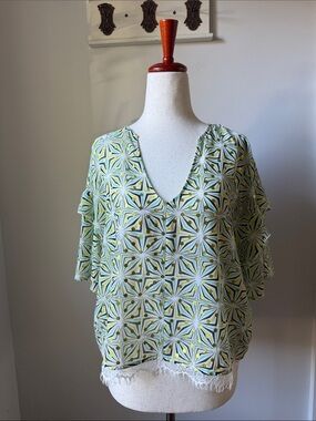Patrizia Pepe Geometric-Print V-Neck Top in Green and Yellow Semi Sheer